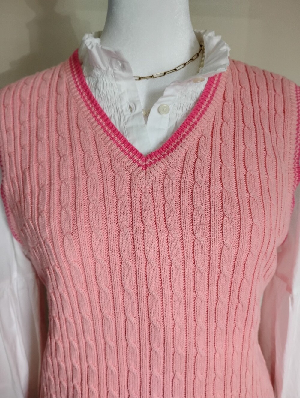Liz Claiborne Liz Golf Cotton Cable Knit Sweater Vest Pink Classic Preppy Size S